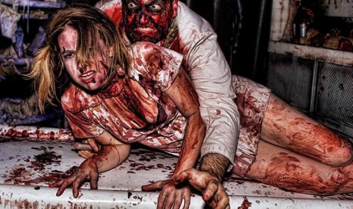 bloody man and woman for haunted attraction Blood Manor nyc